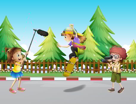 Camera crew filming girl skateboarding in park vector