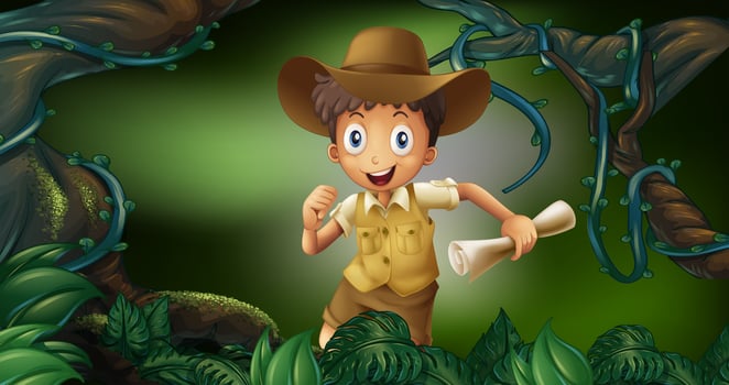 Little boy holding map in the woods vector