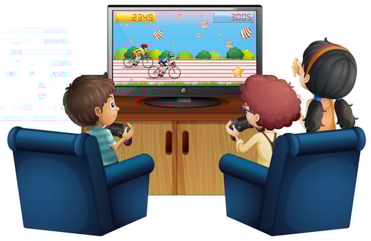 Three kids playing game at home vector