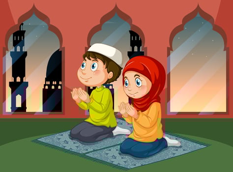 Muslim people praying at mosque vector