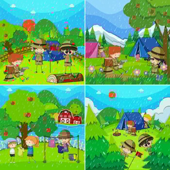 Children in four different scenes with rainy season vector