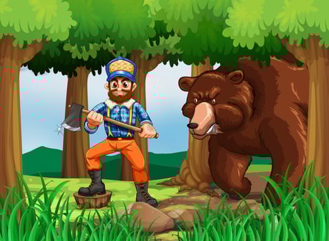 Lumber jack with axe and big bear in the woods vector