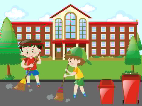 Kids sweeping the road vector