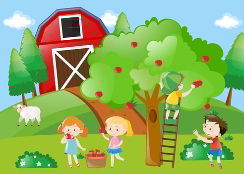 Children picking the apples from the tree vector