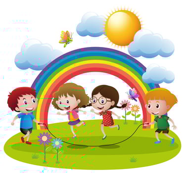 Four kids jumping rope in the garden vector
