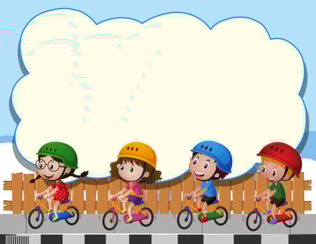 Border template with four kids riding bike vector