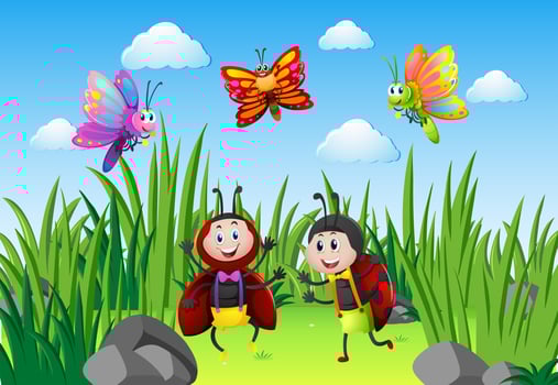 Ladybugs and butterflies in garden vector