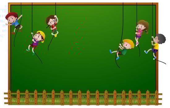 Board template with kids hanging on ropes vector