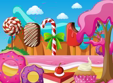 Scene with icecream and desserts on the beach vector