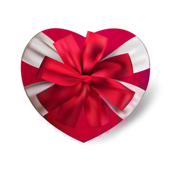 Vector realistic red heart shape gift box isolated on white background with bow