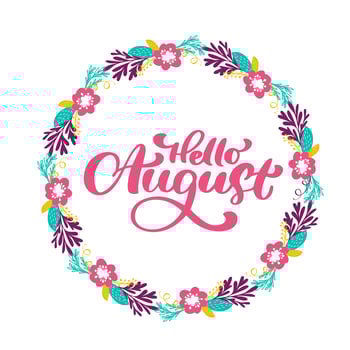 Hello August lettering print vector text and wreath with flower. Summer minimalistic illustration. Isolated calligraphy phrase on white background
