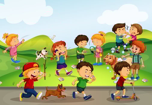 Many kids playing in the field vector