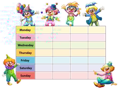 Timetable template with days of the week and clowns vector