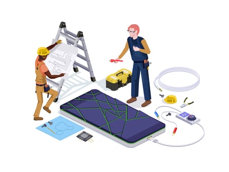 People in the form of mobile phone repair service workers do screen diagnostics and replacement 3d isometric vector illustration design