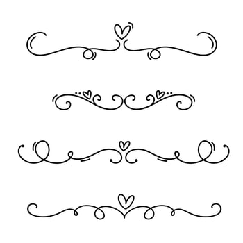 Vector vintage line elegant valentine dividers and separators, swirls and corners decorative ornaments. Floral lines filigree design heart elements. Flourish curl elements for invitation or menu page illustration