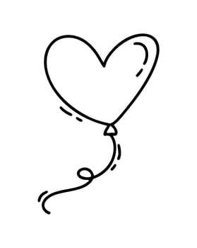 Monoline cute balloon in form of heart. Vector Valentines Day Hand Drawn icon. Holiday sketch doodle Design element valentine. love decor for web, wedding and print. Isolated illustration