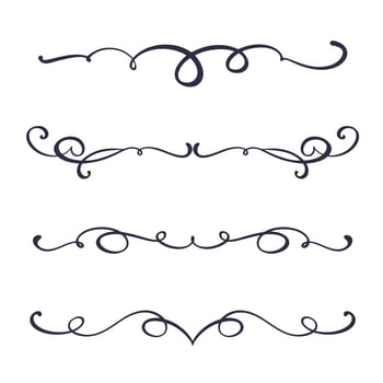 Vector vintage line elegant dividers and separators, swirls and corners decorative ornaments. Floral lines filigree design elements. Flourish curl elements for invitation or menu page illustration