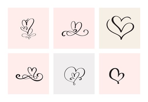 Set of six vintage Vector Valentines Day Hand Drawn Calligraphic Heart. Calligraphy lettering illustration. Holiday Design valentine. Icon love decor for web, wedding and print. Isolated
