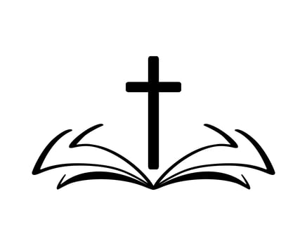 Vector illustration of Christian Logo. Emblem with Cross and Holy Bible. Religious community. Design element for poster, logo, badge, sign