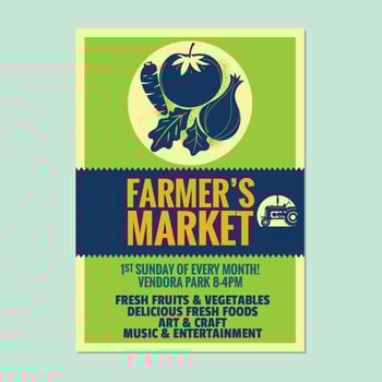 Farmer's Market Flyer Poster Invitation Template with Vegetables and Fruit Background vector