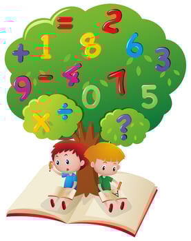 Two boys studying math under tree vector