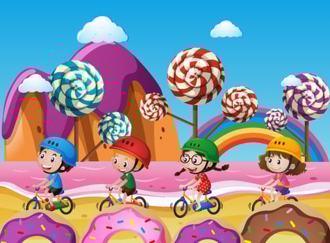 Children riding bike on beach full of candy vector