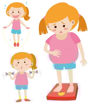 Fat woman on scale and thin woman exercising vector
