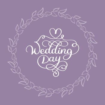 wedding day vector calligraphy white text on beige background with flourish round leaves frame. lettering illustration EPS10