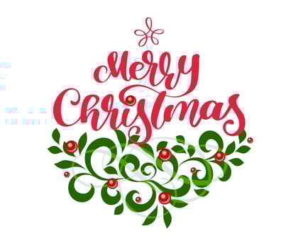 Merry Christmas red Calligraphy Lettering text and vintage flourish green fir tree branches. Vector illustration
