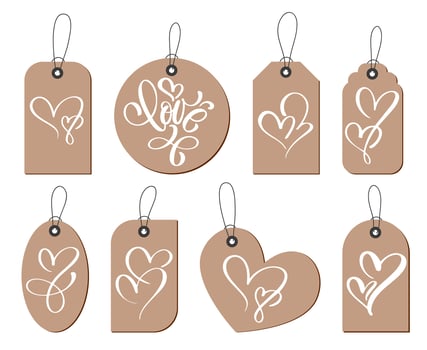 Kraft gift tags with the inscription love and two heart. Collection of hand drawn cute Valentines Day, marriage, wedding, birthday, love, romantic theme vector