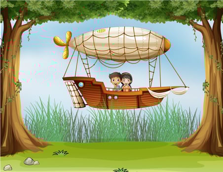Kids riding in an airship vector
