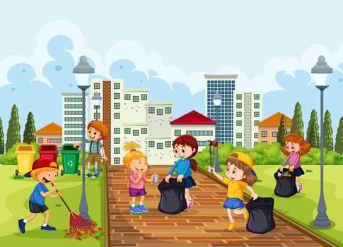 Volunteer children cleaning park vector