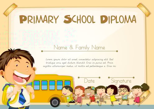 Diploma template with children and schoolbus vector