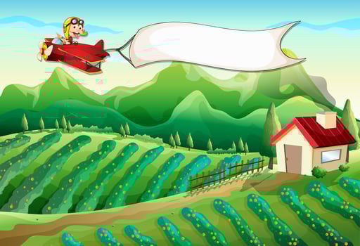 A pilot with an empty banner flying above the farm vector