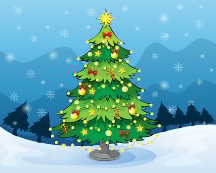 A christmas tree in the middle of the snowy land vector