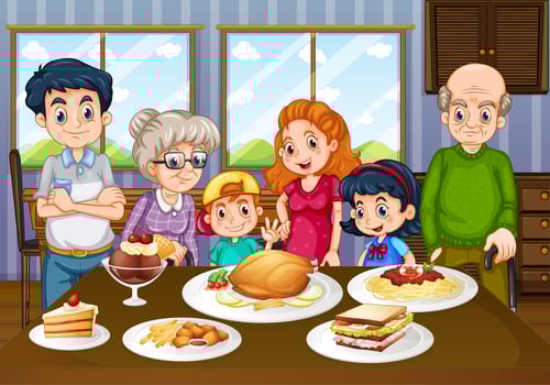 Family having meal together in dining room vector
