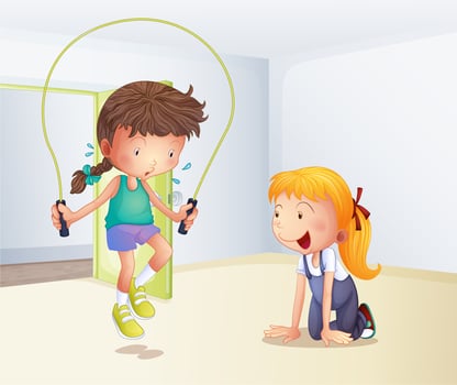 A girl playing jumping rope inside the room vector