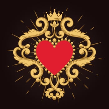 Beautiful ornamental red heart with crown on black background. Vector illustration