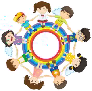 Happy children holding hands around rainbow circle vector