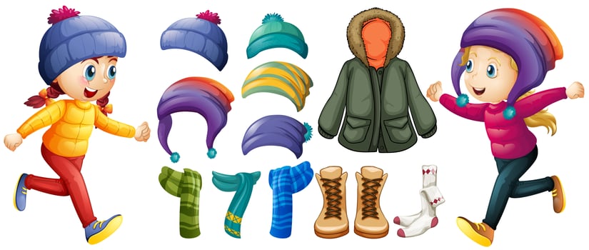 Children and winter clothes set vector