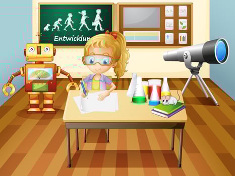 A girl writing inside a science laboratory room vector