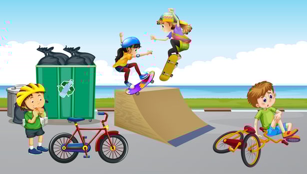 Children riding bike and playing skateboard vector