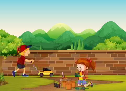 Boy and Girl Gardening at Yard vector