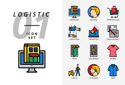 Icon pack for e-commerce, online shop, account, shopping cart, pay credit, promotion, sign contract, shop open, sale mobile, women cloth, cargo, customer, man cloth. vector