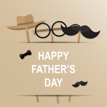 Happy Father’s Day greeting card. Design with bow tie, mustache, black glasses on retro paper background. vector