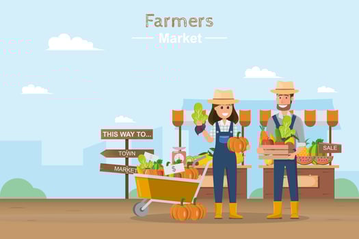 Farm shop. Local market. Selling fruit and vegetables. vector