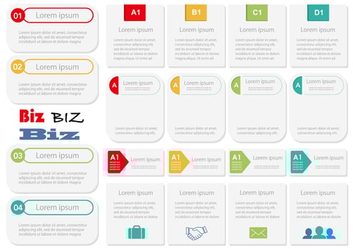 Set of assorted business-related info-graphics, tags, and icons isolated on white background.  vector