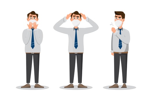 set of man wearing protective face mask in different character vector