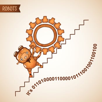 Robot pushing heavy gear upstairs vector