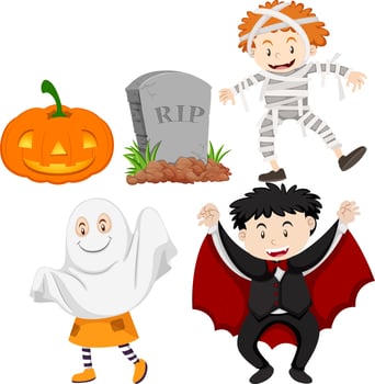 Kids in halloween costumes vector